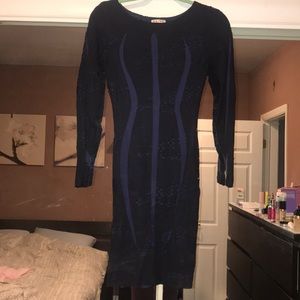 Black and blue form fitting dress